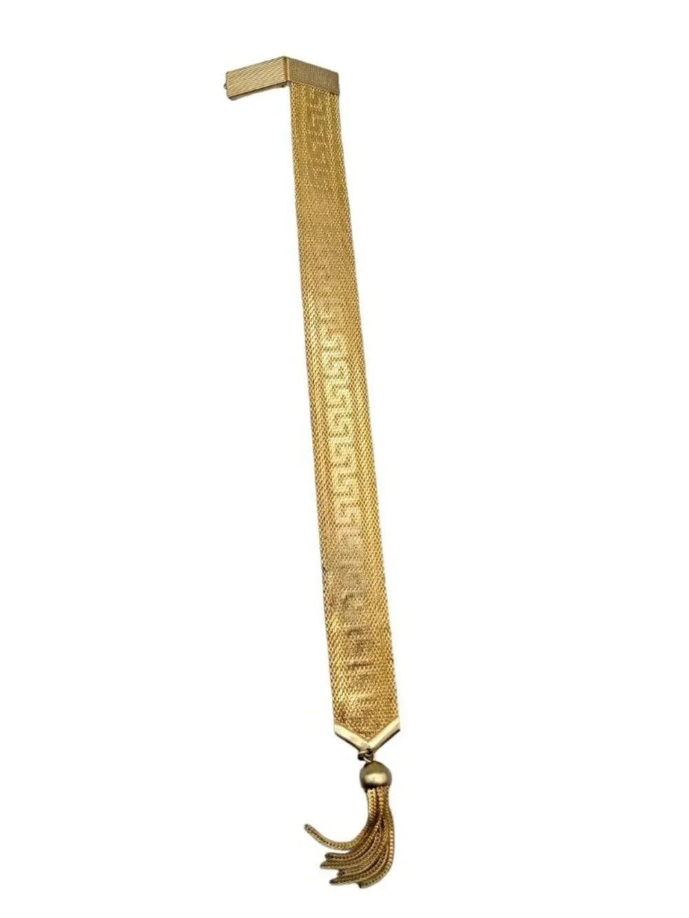 Art Deco Byzantine Greek Key Tassel Gold Tone Mesh Slide Bracelet - Picture 9 of 16